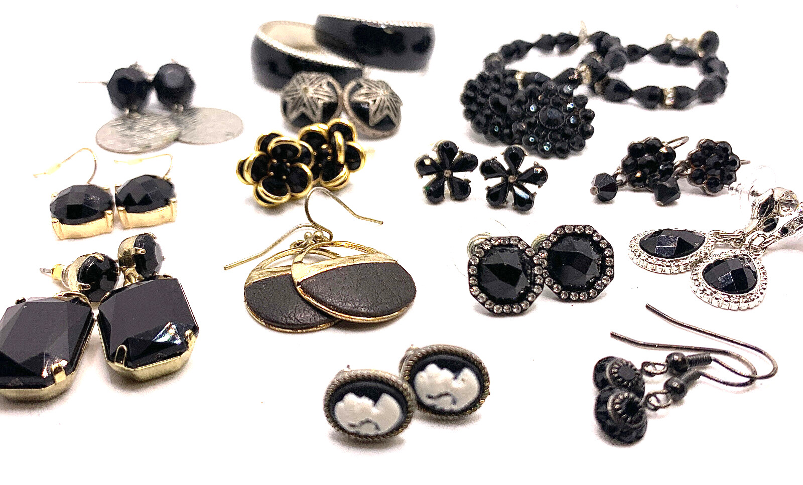 Lot 15 Pair Vtg 1990s 2000s Black Silver Gold Earring Wardrobe Cameo Crystal