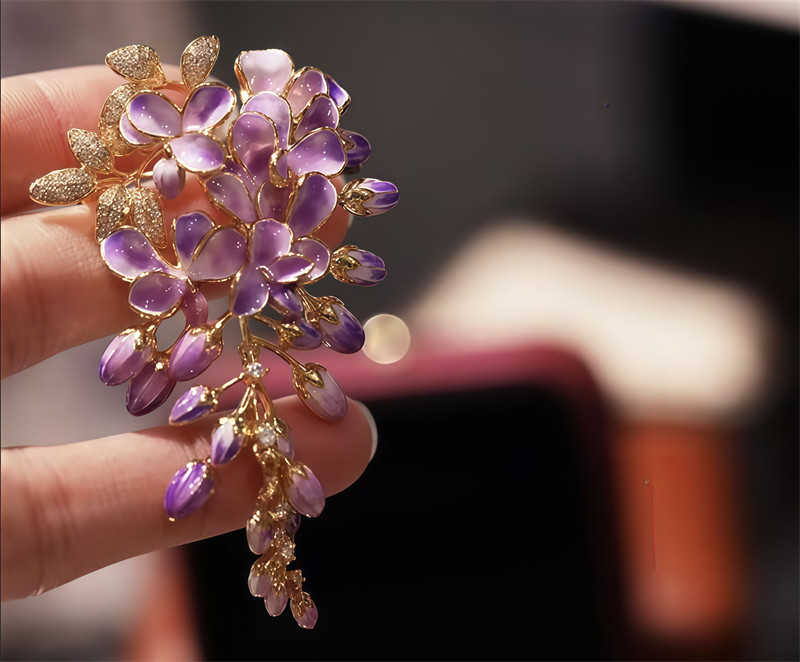 Enamel Color Design Purple Wisteria Flower Brooch, High Quality Flower Brooch