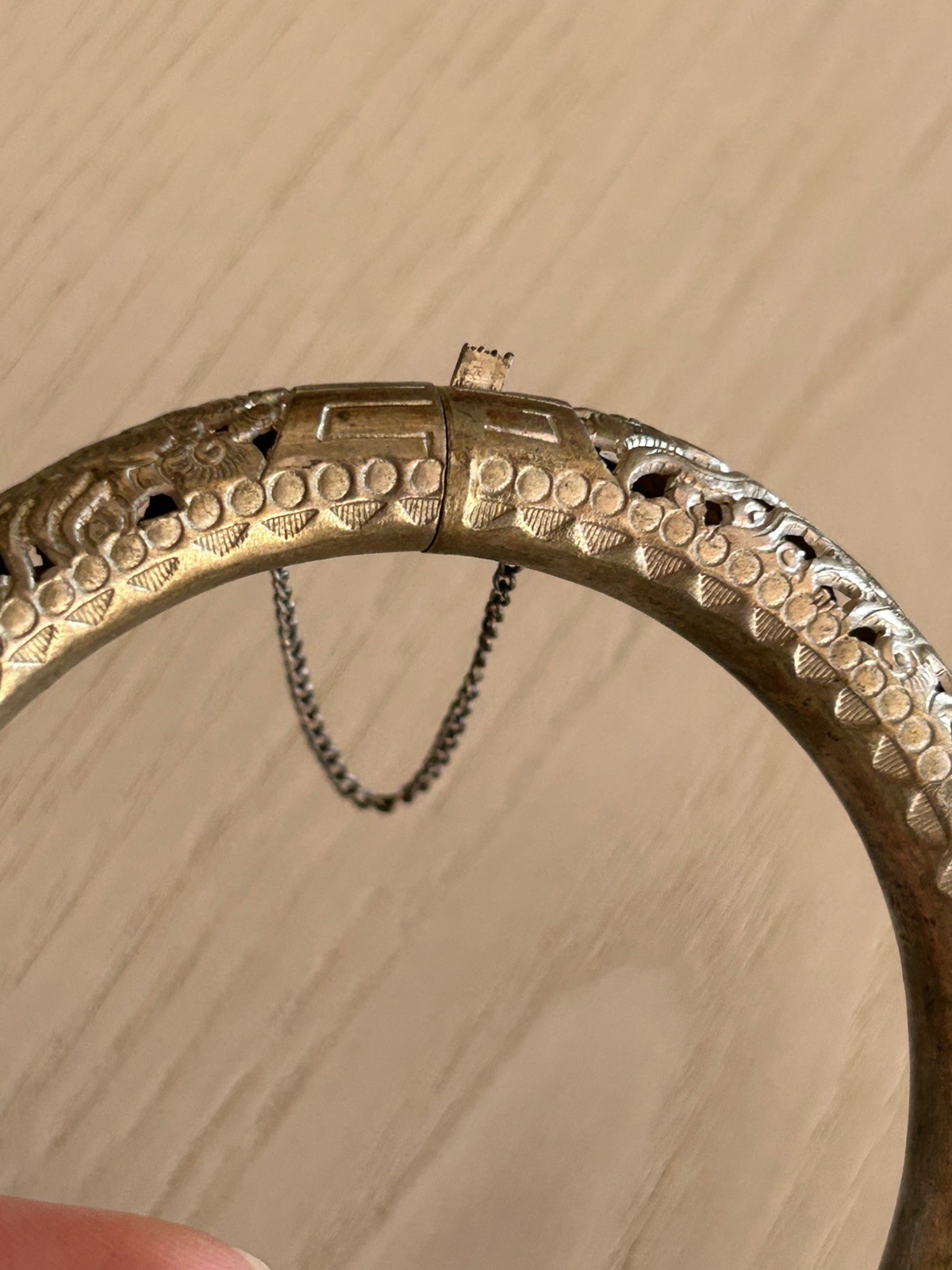 Antique Saigon Argent Dragon Silver Hinged Bangle Bracelet 1920s Art Deco
