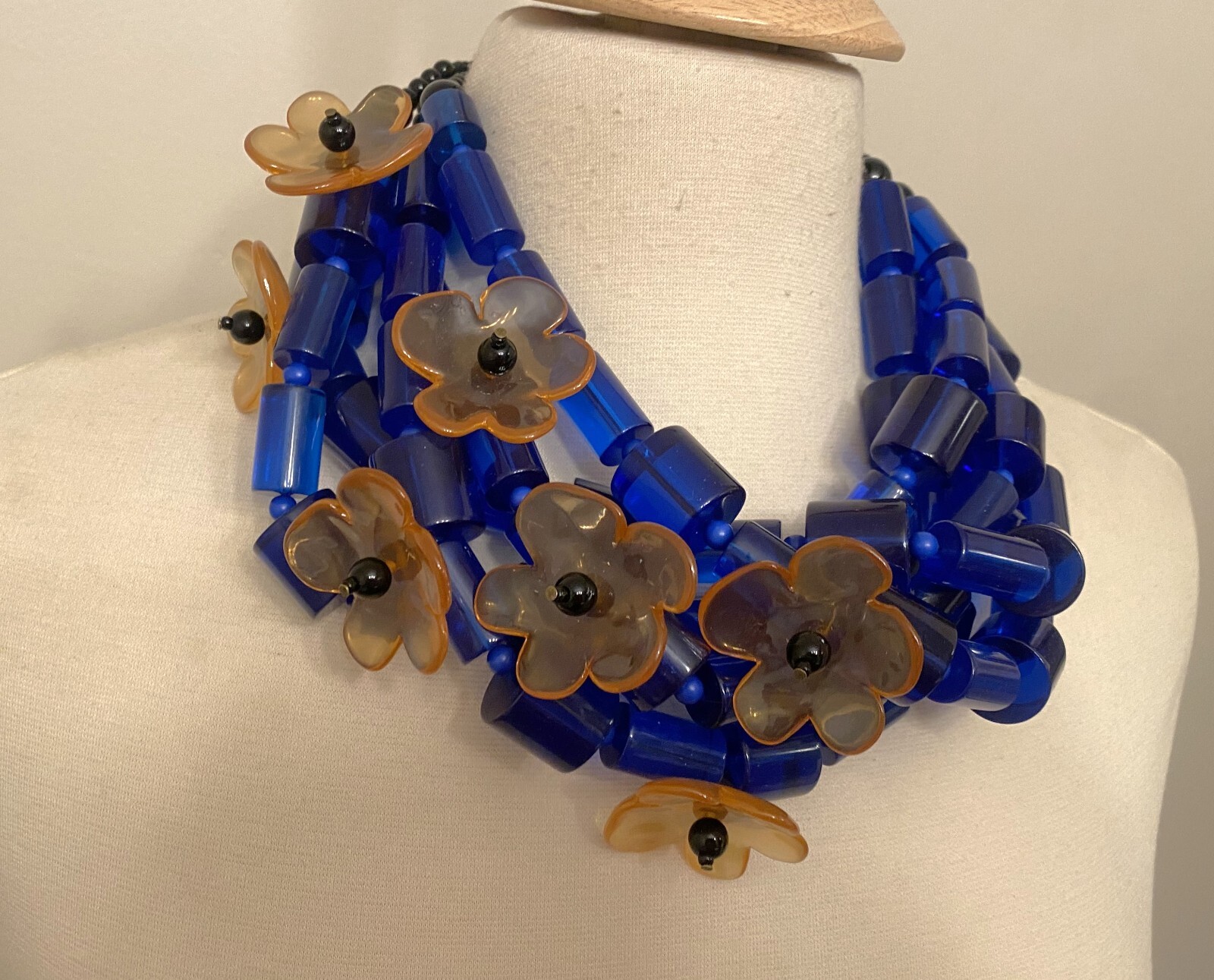 Fabulous Blue Tubular Lucite & Flowers Multi Strand Necklace