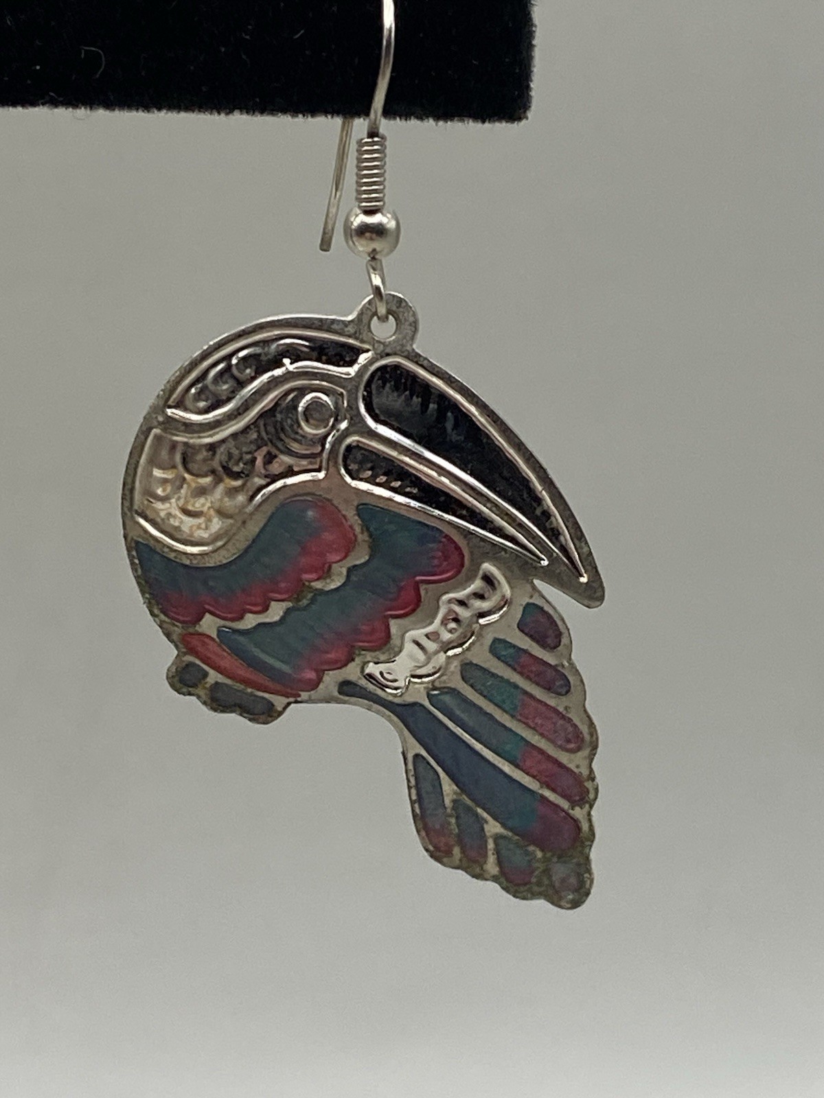 Vtg Edgar Berebi Silvertone Blue Green Enameled Toucan Dangle Pierced Earrings