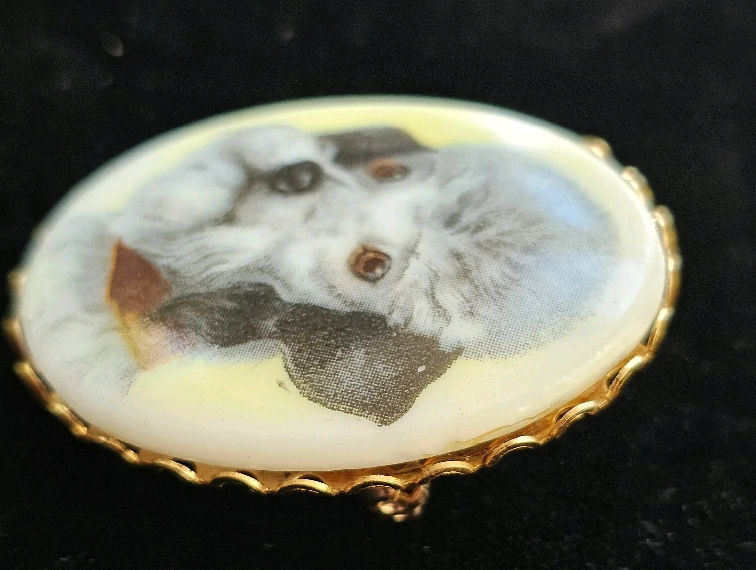 Vtg Porcelain Cameo Brooch Schnauzer Dog Pin 1.5″ Oval Goldtone Grey Dark Grey