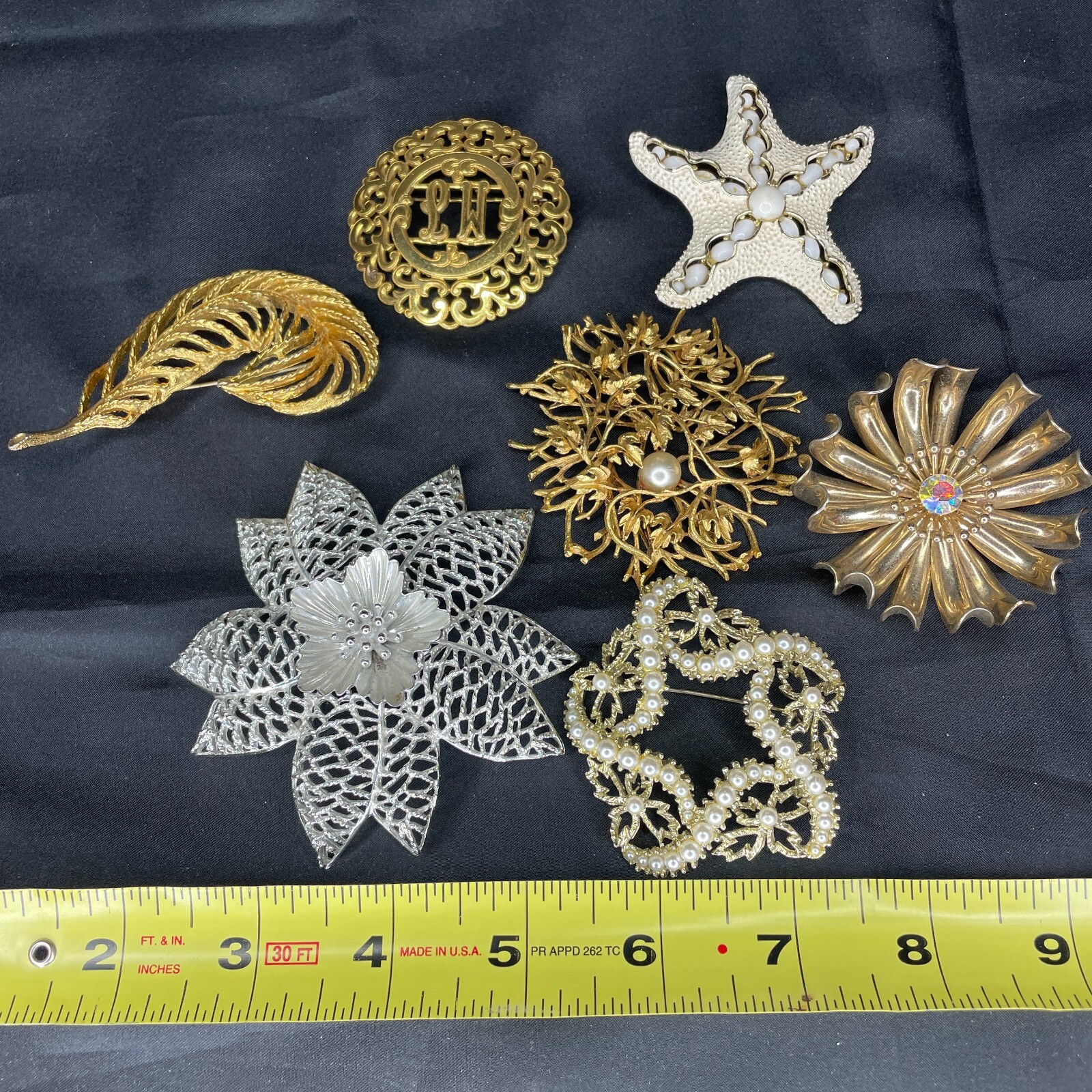Vintage 6 Lg Metal Brooches 2″-3″ Monocraft Coro Emmons Unreadable & 3 Unmarked
