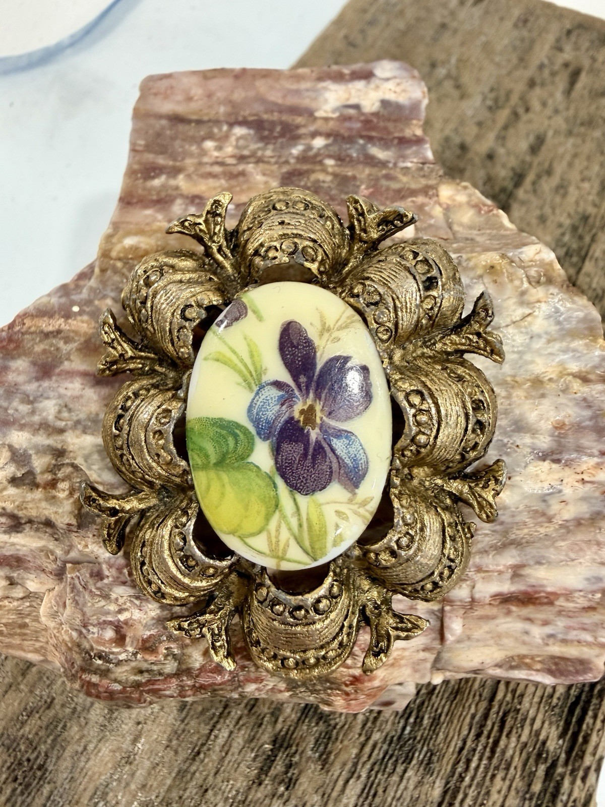 Vintage Victorian Revival Floral Porcelain Purple Violets Cameo Style Brooch