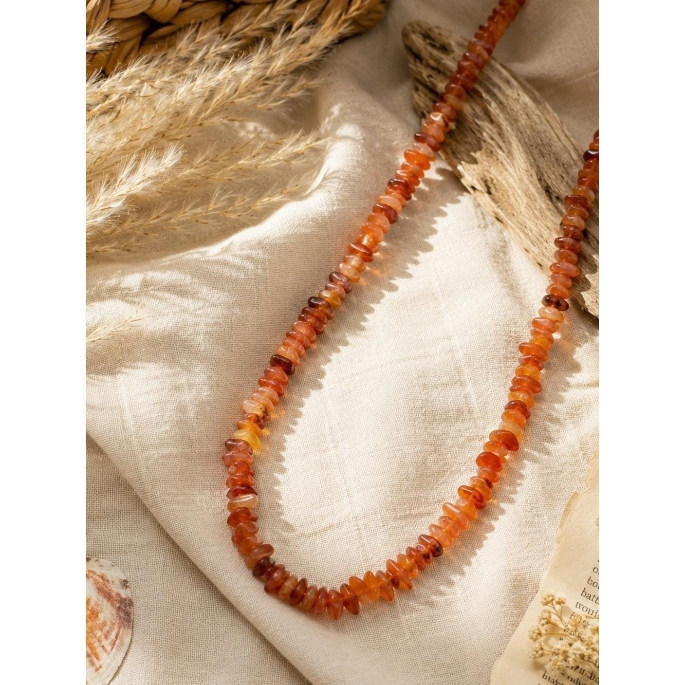Vintage Natural Carnelian Chip Necklace Orange Agate Gemstone Beaded Strand 30