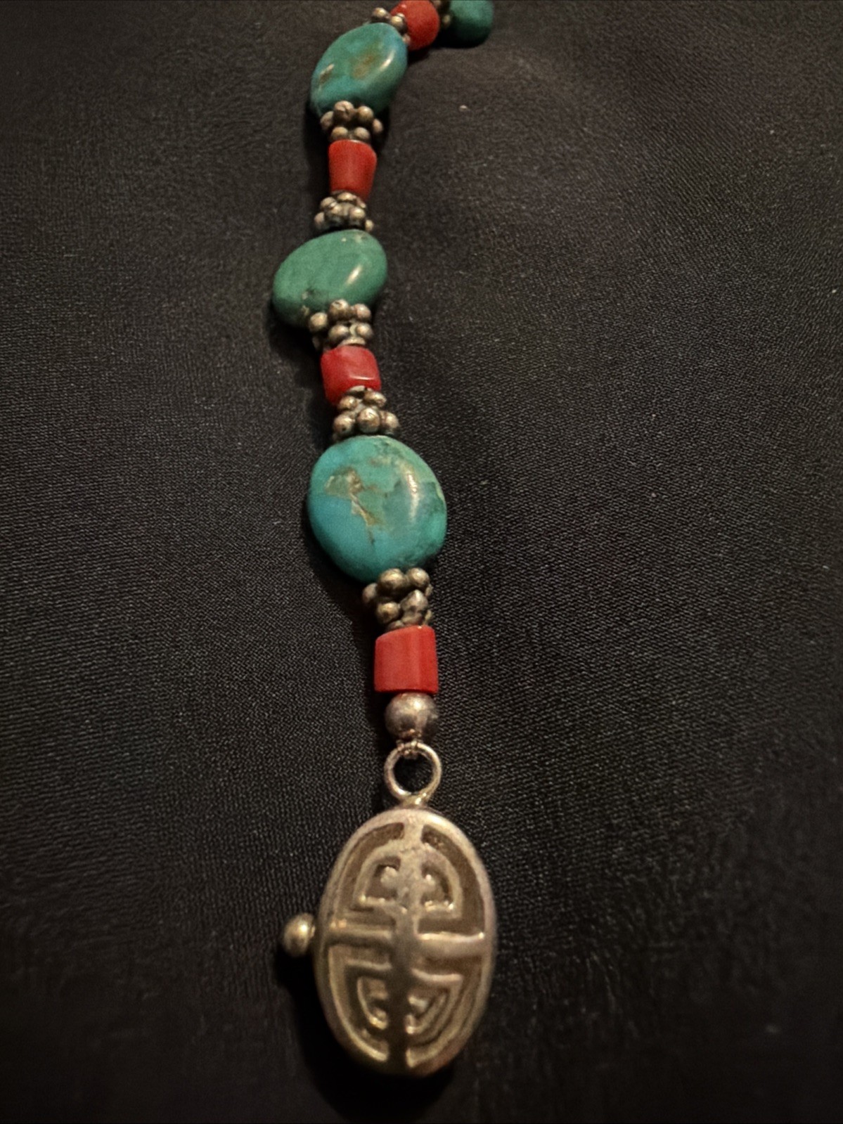 Vintage Turquoise And Natural Blood Red Coral & Pewter Silver 925 Clasp 16”
