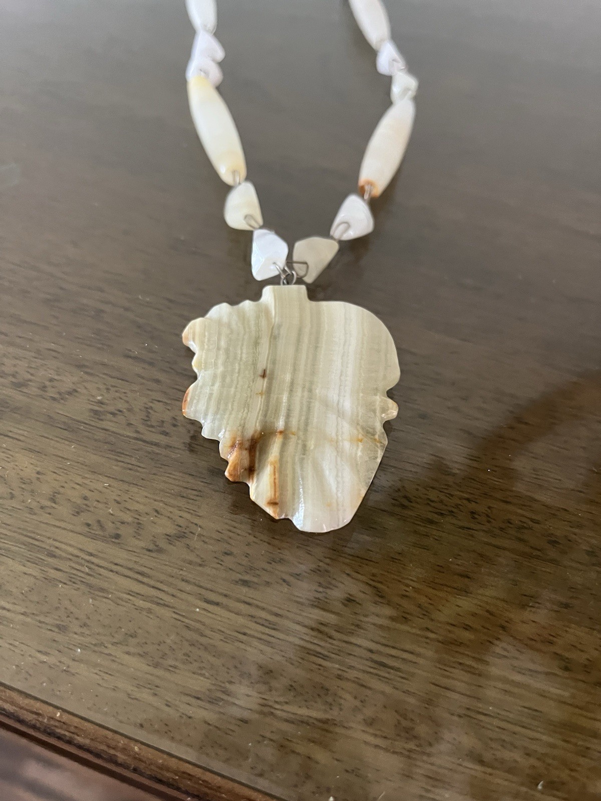 Vintage Carved Alabaster Stone Tribal Pendant Necklace