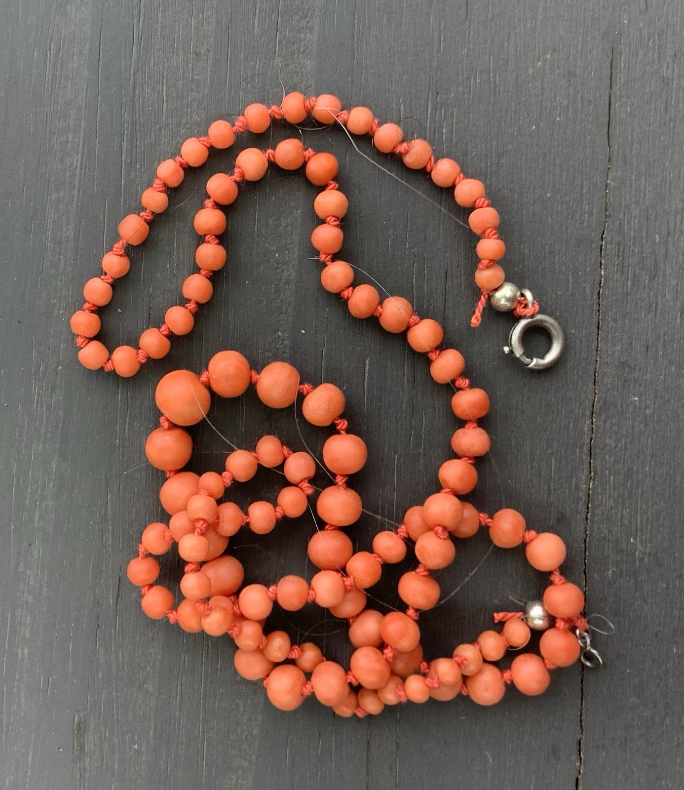 Antique Georgian Victorian Graduated Coral Bead Necklace Silver Clasp Knotted