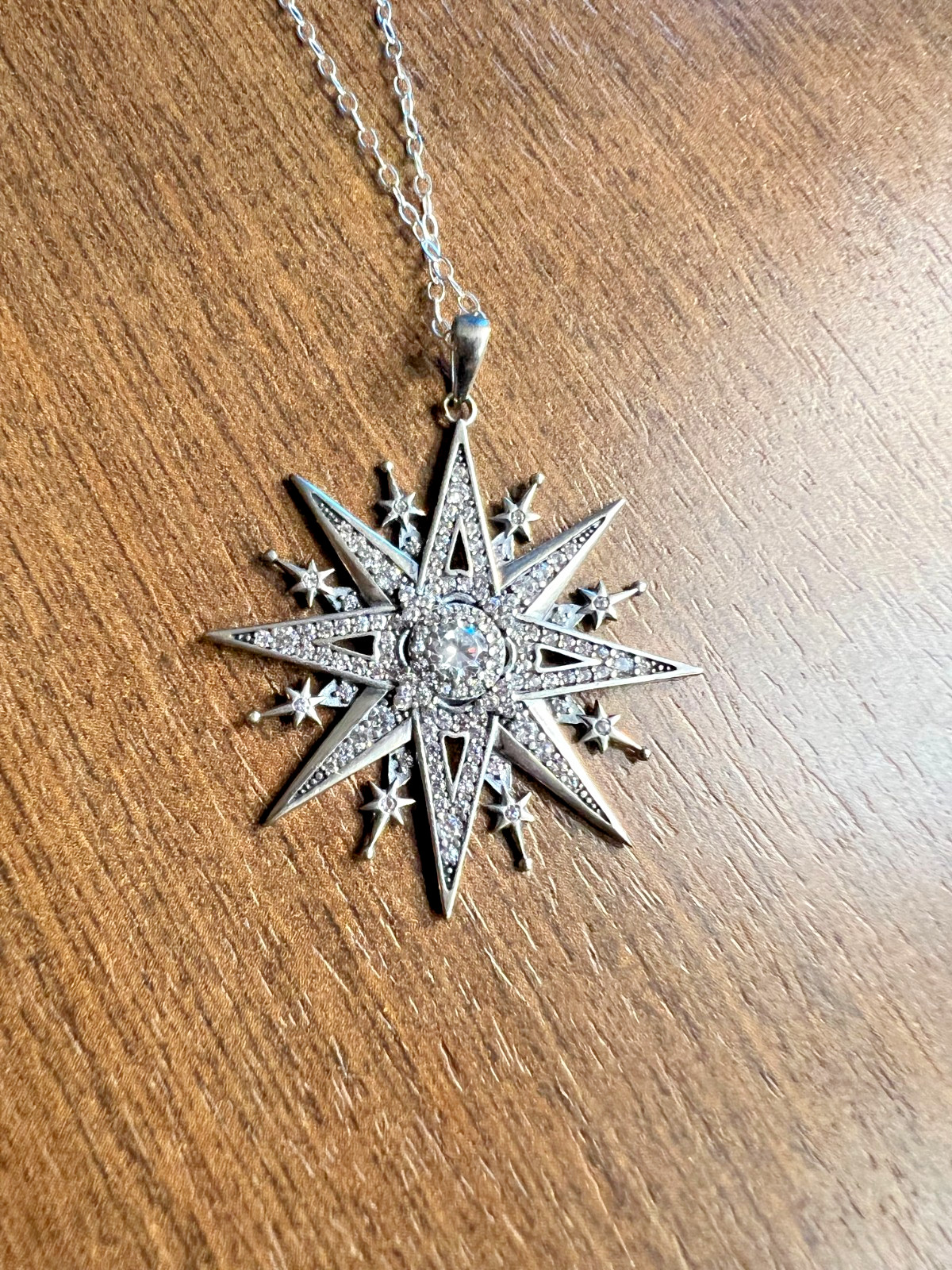 Vintage 925 Sterling Star Bethlehem Starburst White Zircons Pendant Necklace 18″
