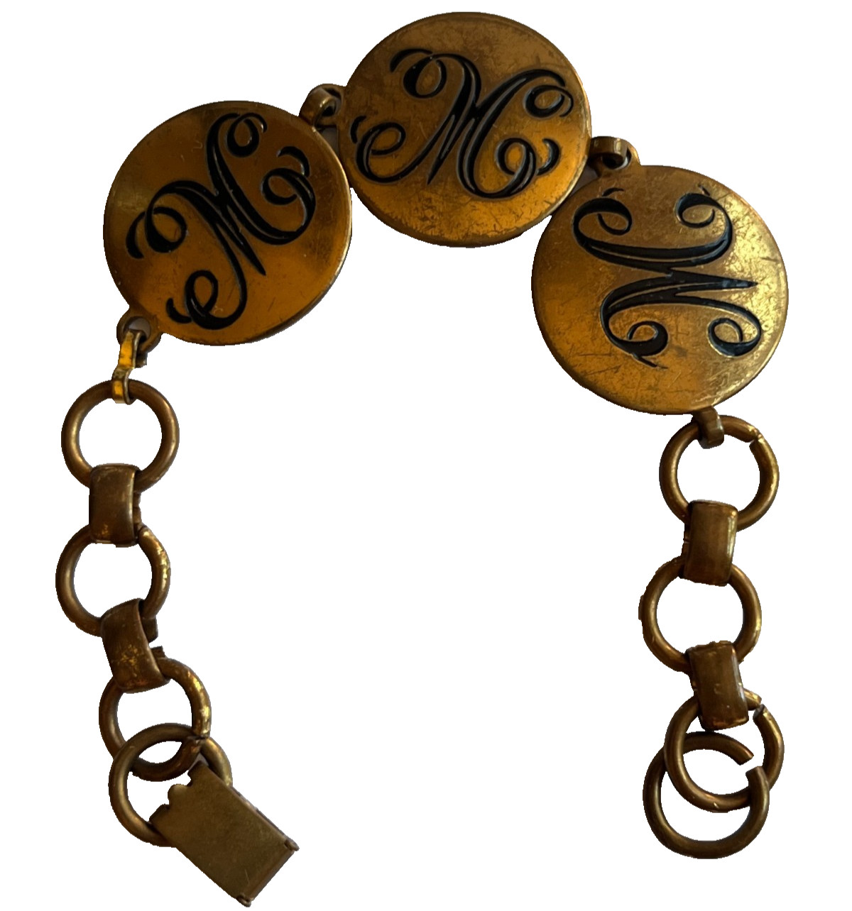 Vintage Brass Bronze Tone Initial Monogram Charm Link Bracelet 1950s MMW