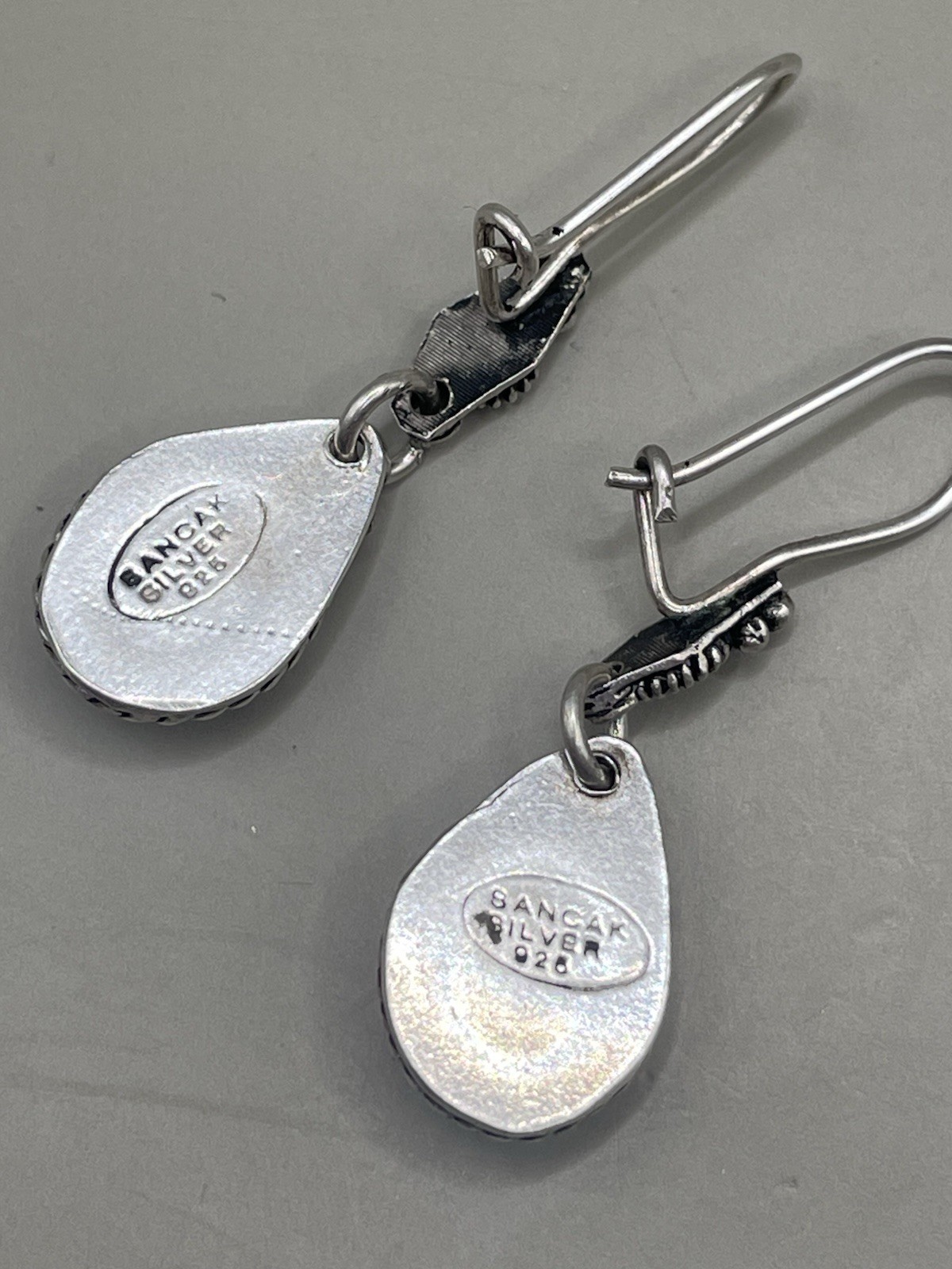 Vintage Sancak Silver 925 Turkey Blue Stone Pierced Hook 1.4” Dangle Earrings