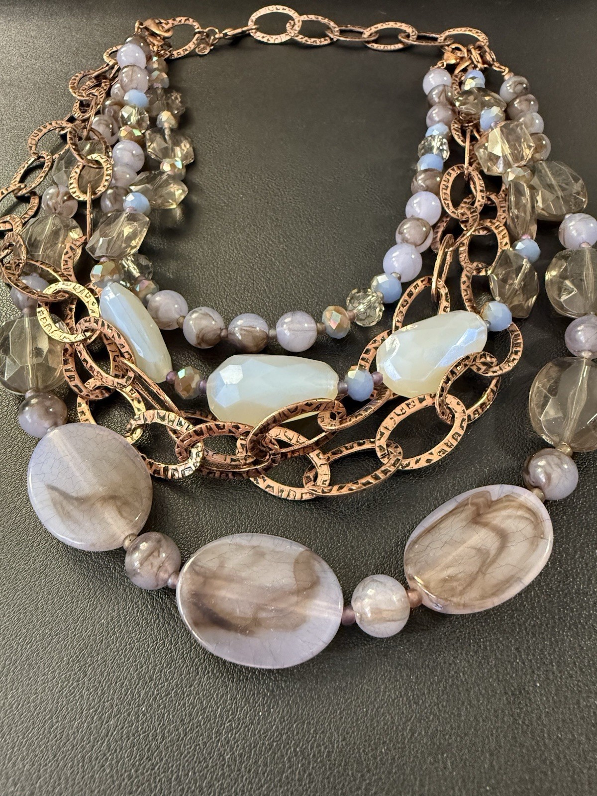 Vintage Premier Designs Marbled Beaded Multi Strand Necklace Copper Tone H8