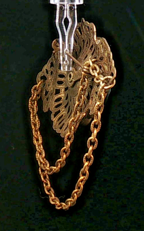 Vintage Gold Tone Filigree Brooch w/ Dark Green Stone Pearls & Swag Chains Chate