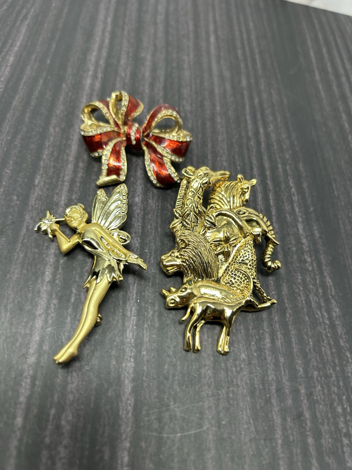 Vintage Gold Tone Brooch Lot Fairy Animals Red Bow Rhinestone Pins Costume