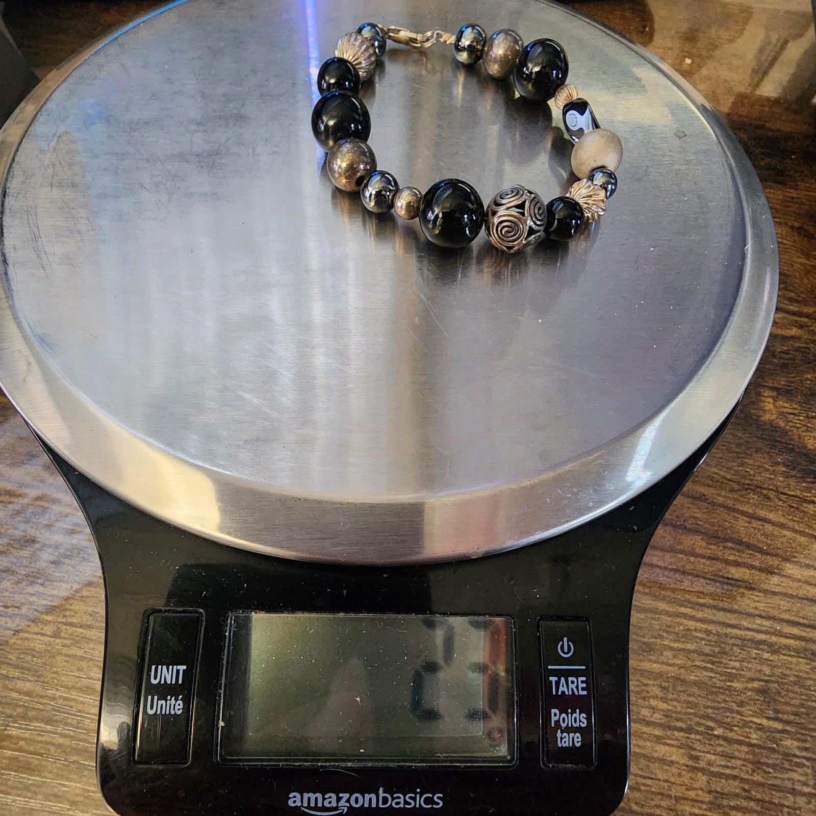 VTG 925 Silver Mixed Bead Hematite Onyx Bracelet 6.75″ Black Boho GUC