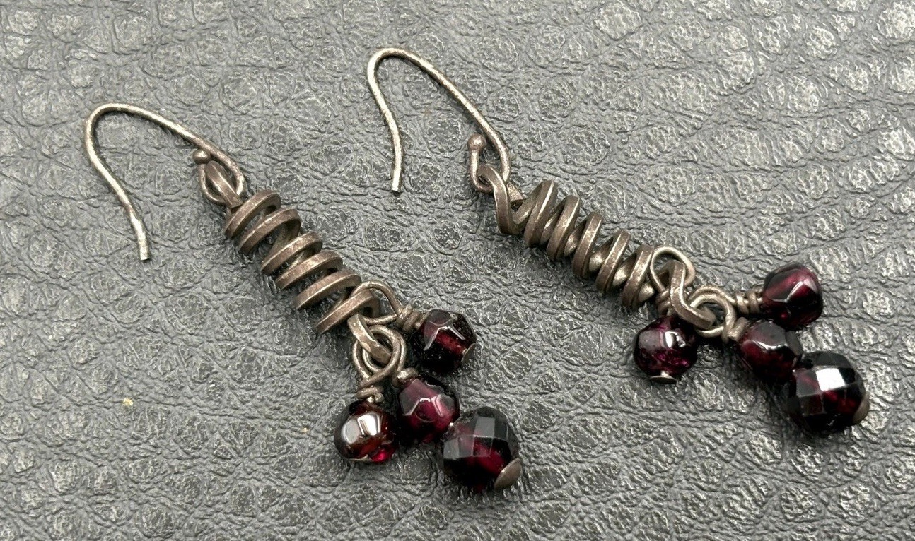 Rare Victorian Sterling Silver Bohemian Red Garnet Corkscrew Dangle Earrings