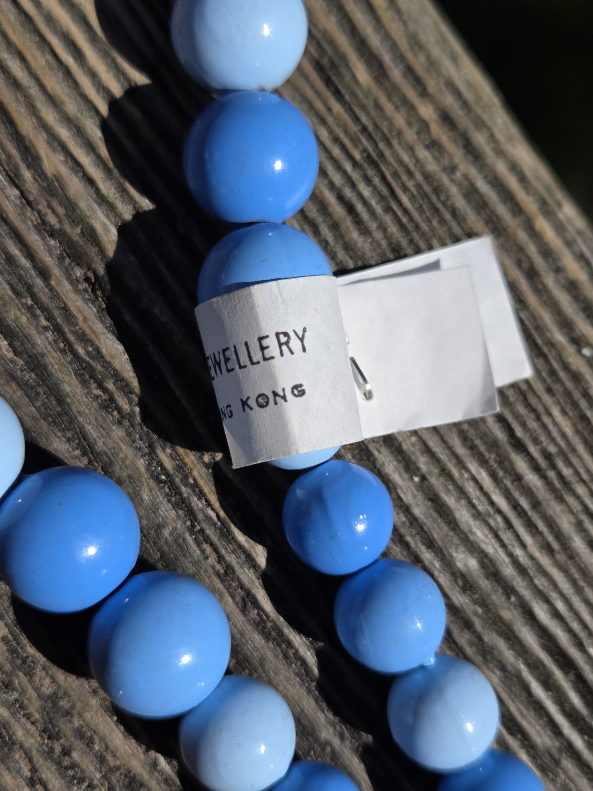 Vintage Hong Kong Blue Plastic Beaded Necklace Graduated Long Chunky Deadstock