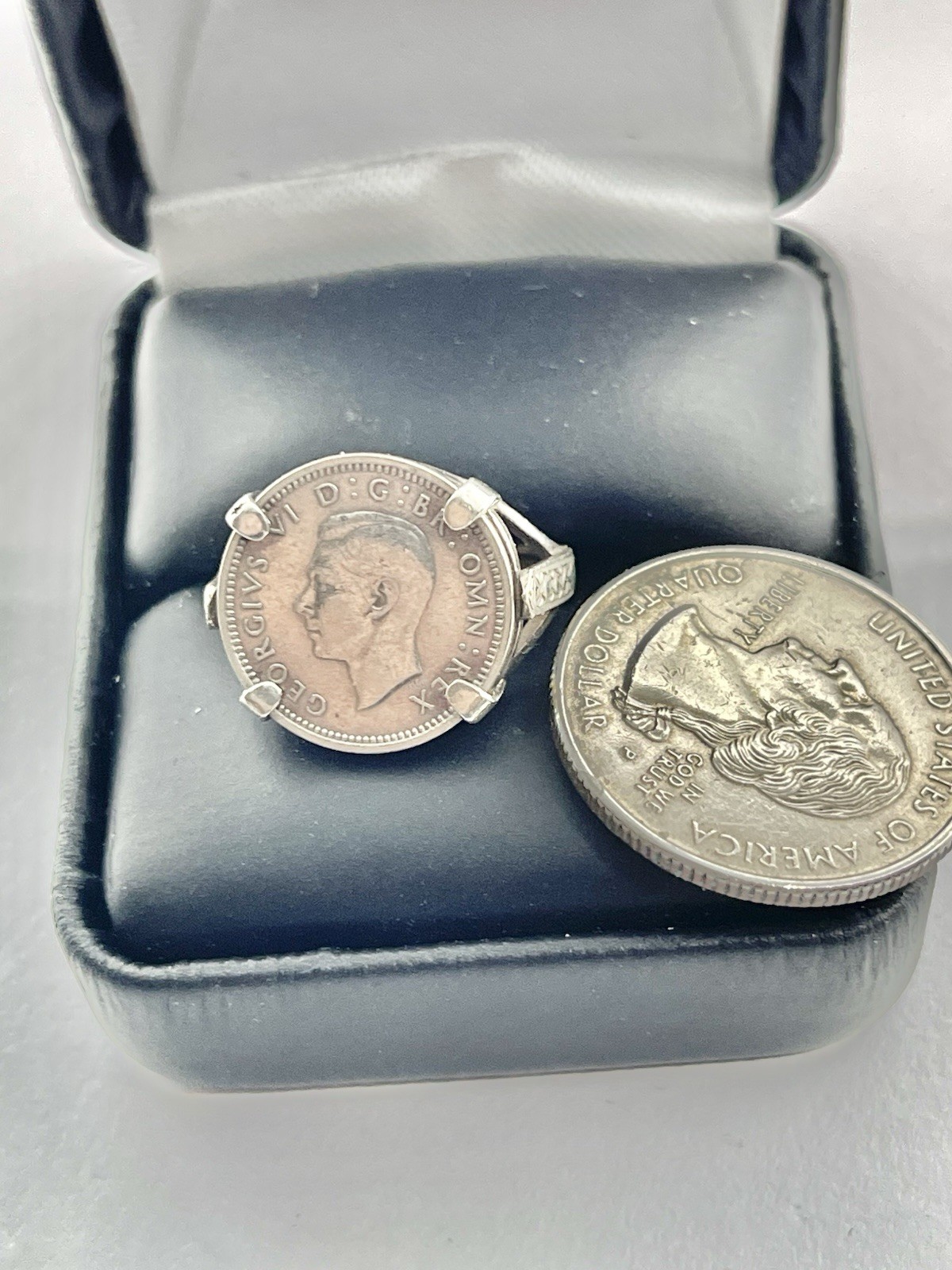 Antique 1938 George VI Threepence Coin Ring 925 Sterling Silver Mounted 7 1/2