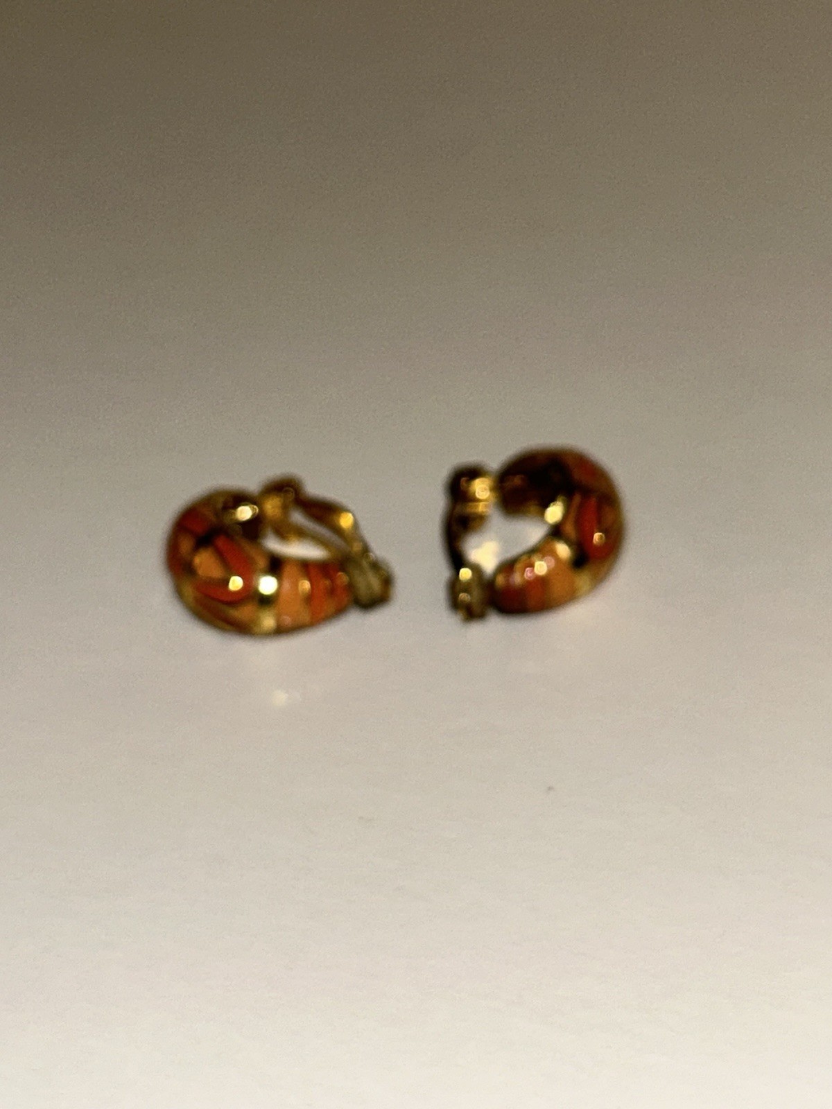 Vintage Joan Rivers Coral Enamel Hoop Clip-On Earrings Costume Jewelry Excellent