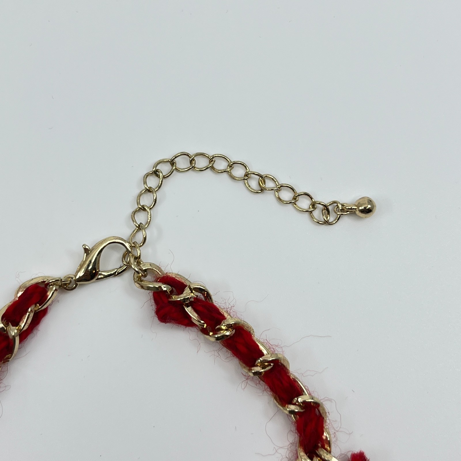VTG Boho Red Woven Chain Collar Necklace Blue Rhinestone Floral Ribbon Statement