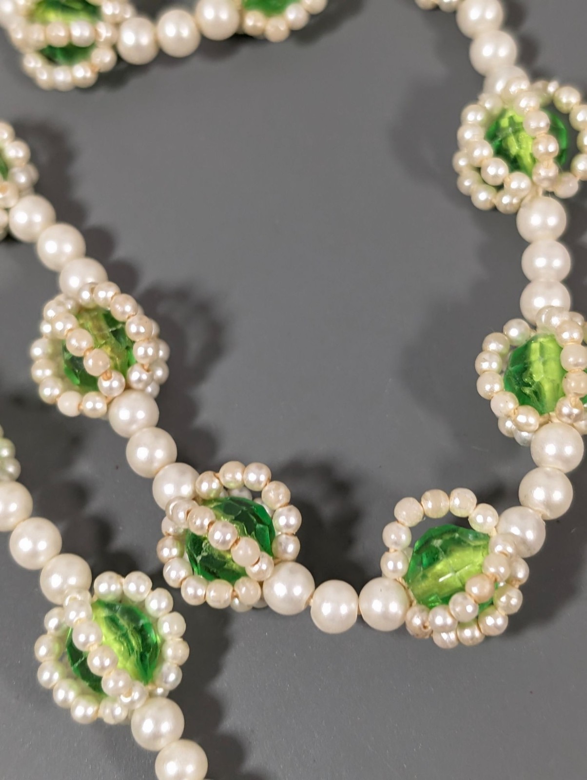 Vintage Faux Pearl Bright Green Woven Style Beaded Necklace 30″