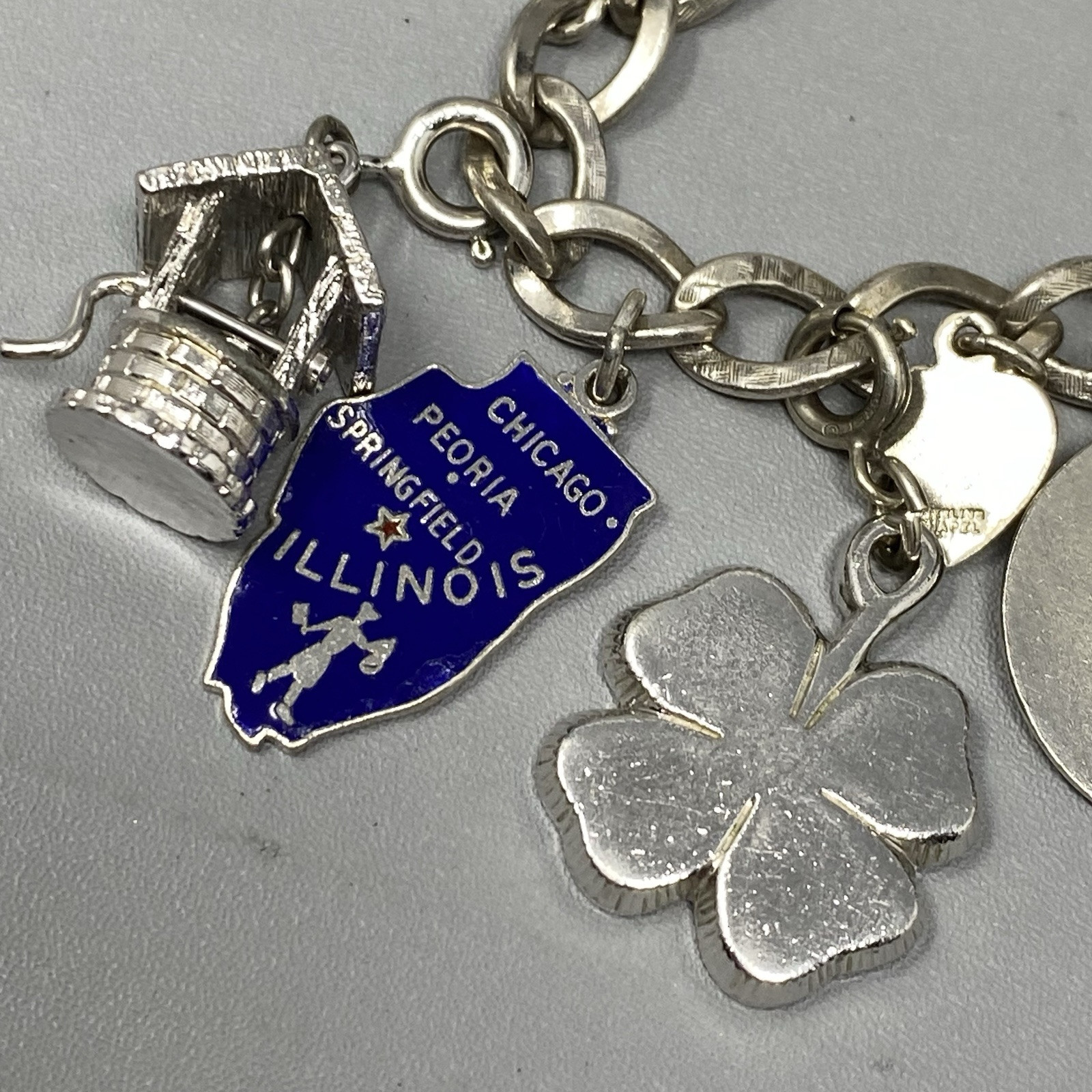 VTG 20 Charm Bracelet Sterling Silver Birthday Natie Cowbell School Hearts 6.5″