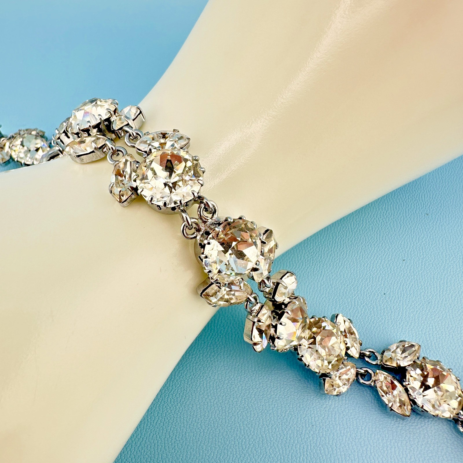 Vintage Austria Crystal Bracelet LG Dentelle Prong Set Silver Tone Safety Chain