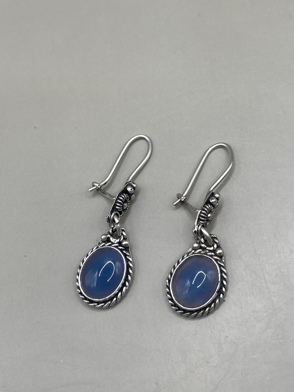 Vintage Sancak Silver 925 Turkey Blue Stone Pierced Hook 1.4” Dangle Earrings