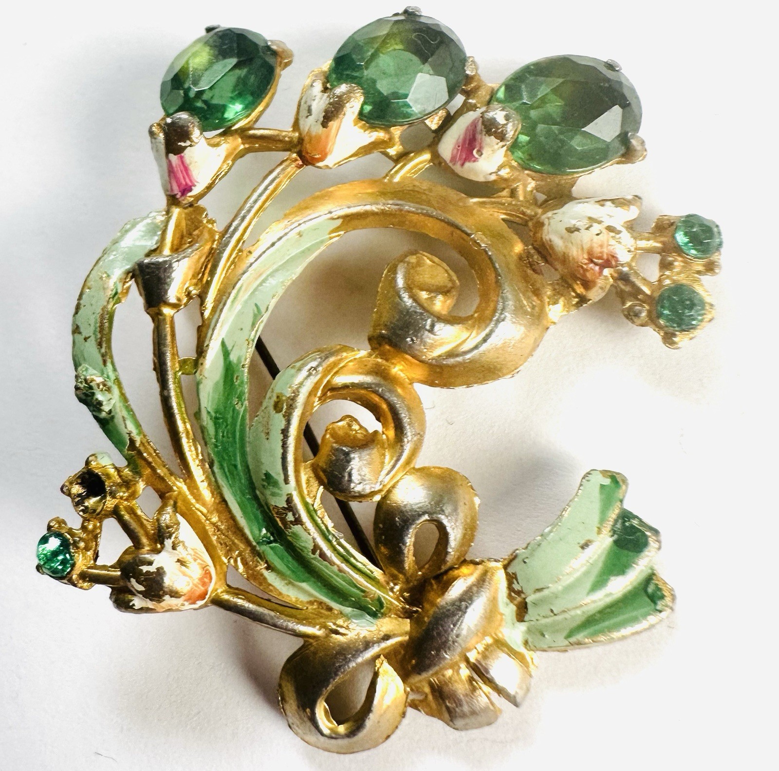 VTG Fred Gray Coro Rhinestone Hand Painted Brooch Pin -enamel wear + Unsigned