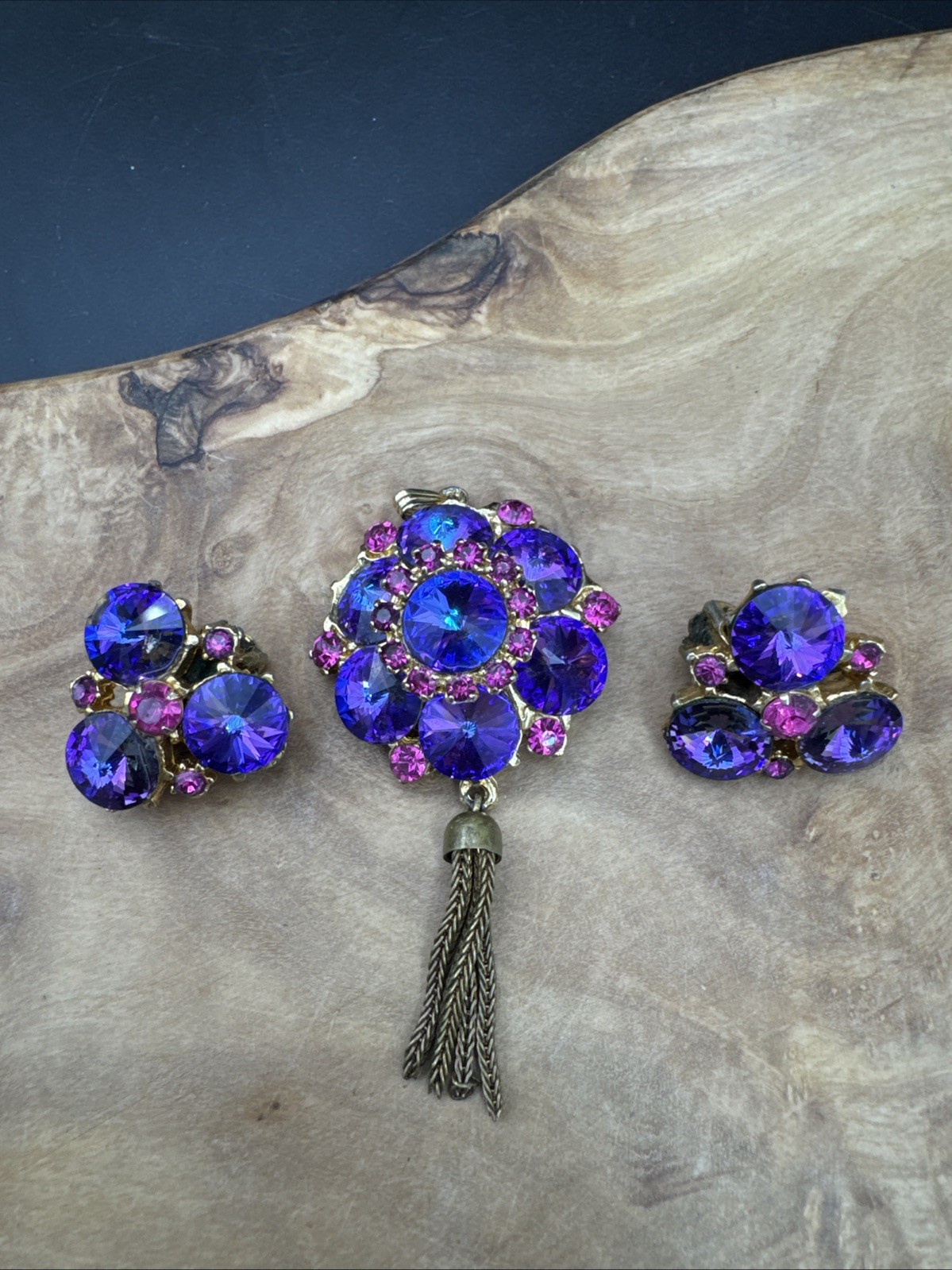 Vtg RARE EDLEE Czech Style Glass Tassel Statement Pendant & Clip-on Earrings