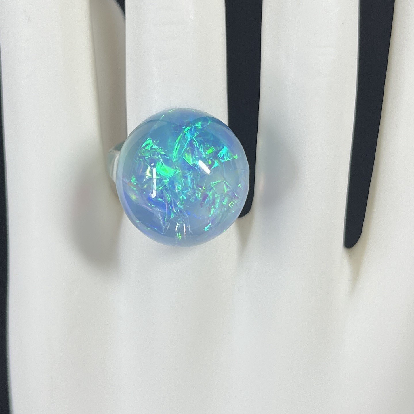 Blue Clear Lucite Dome Ring Size 7.5 Iridescent Opalescent Retro Moon Ring