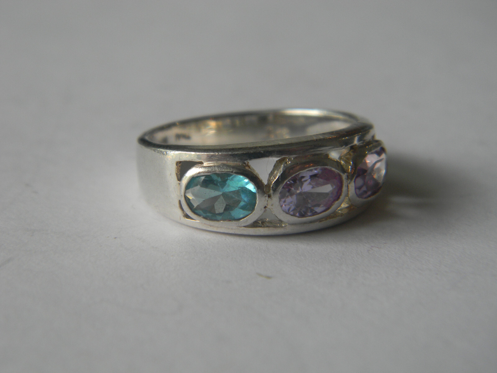 Amethyst/Pink Sapphire/Swiss Blue Topaz .925 Sterling Silver Statement Ring Sz 7