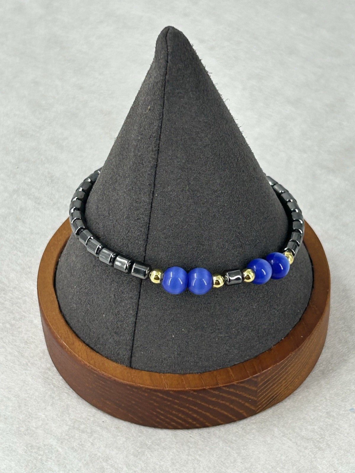 Handmade Bracelet Natural Hematite Deep Blue Glass Cat Eye Beads