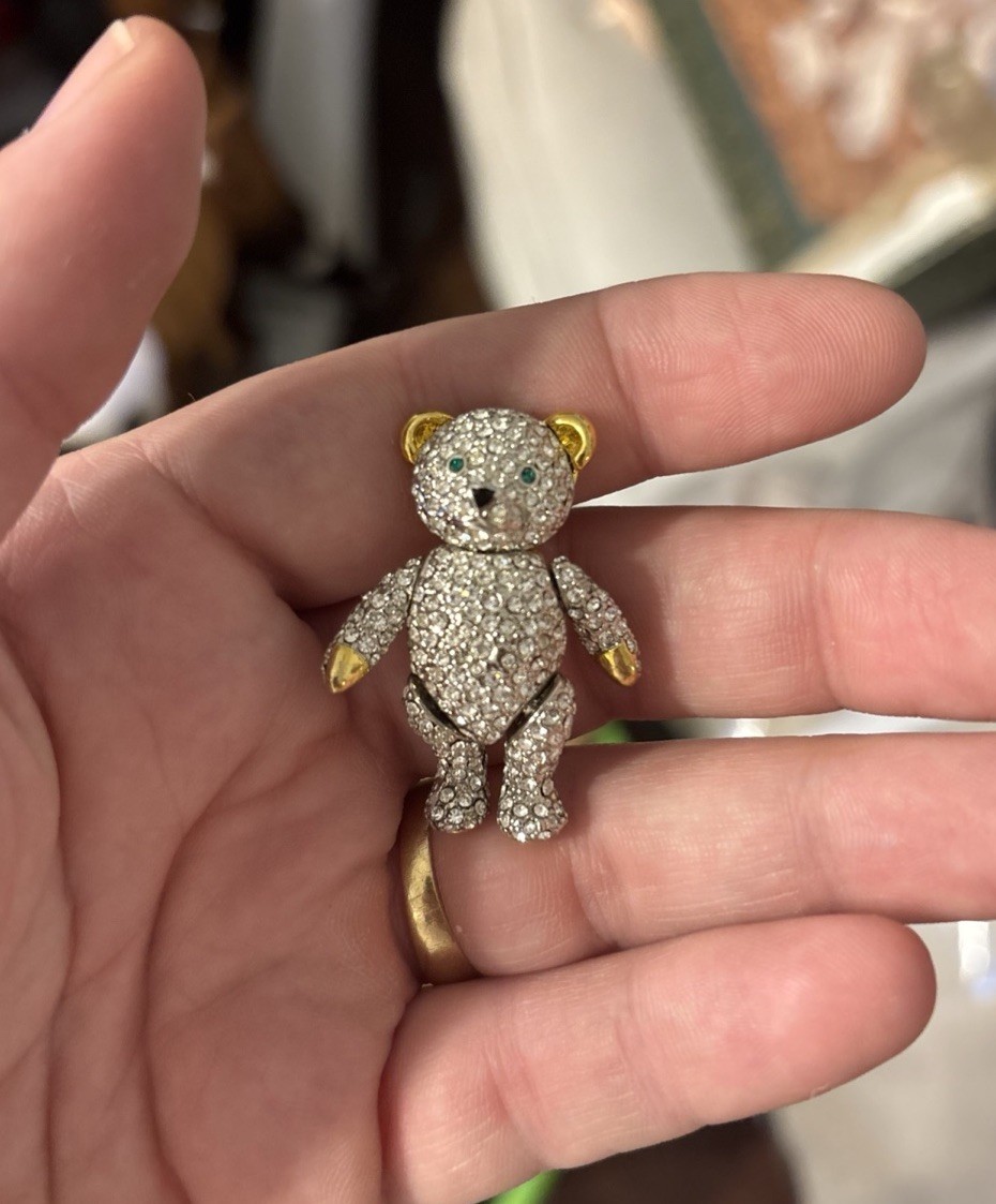 Vintage Swarovski Crystal Teddy Bear Brooch Articulated Pave Figural 1.5″ Pin