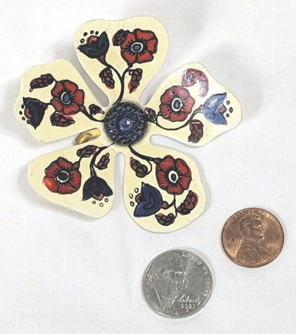 W Germany Flower Brooch Ceramic Hand Painted Traditional Floral Design Red Blue