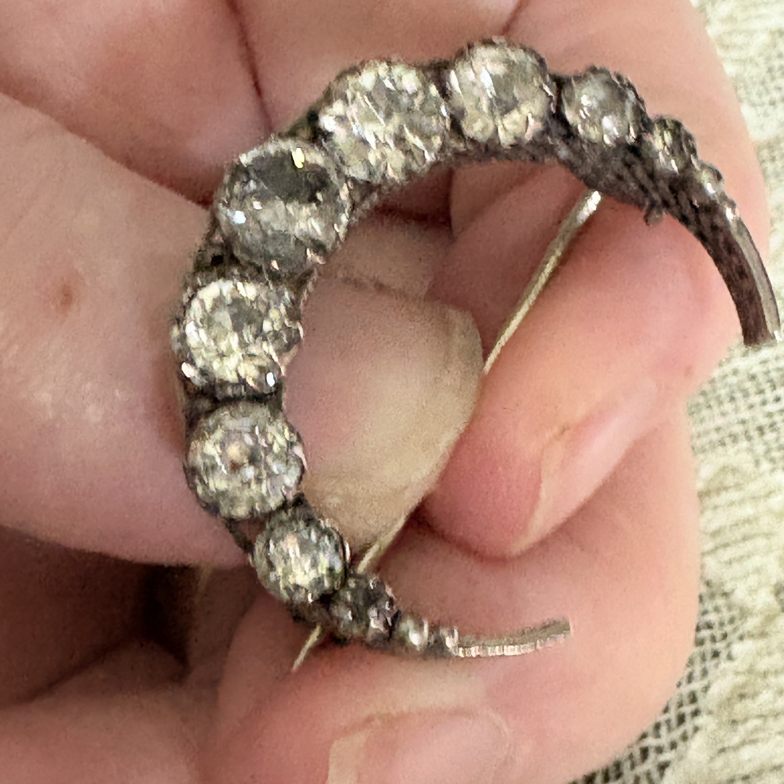 Antique Edwardian Paste Stones Set In Celestial Crescent Moon Brooch Pin