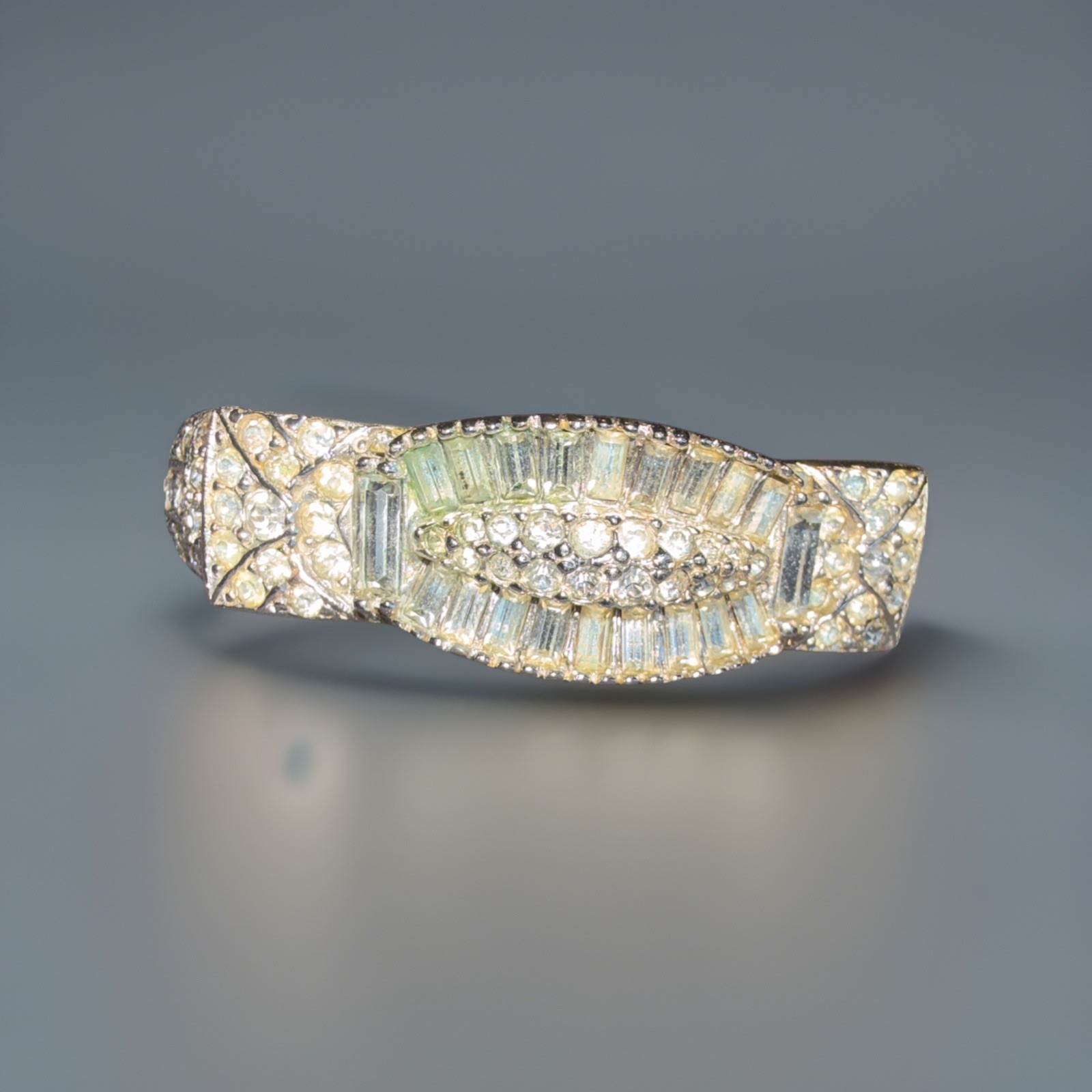 Vintage Rhodium Plated Hinged Safety Chain Clear Rhinestone Cuff Bracelet