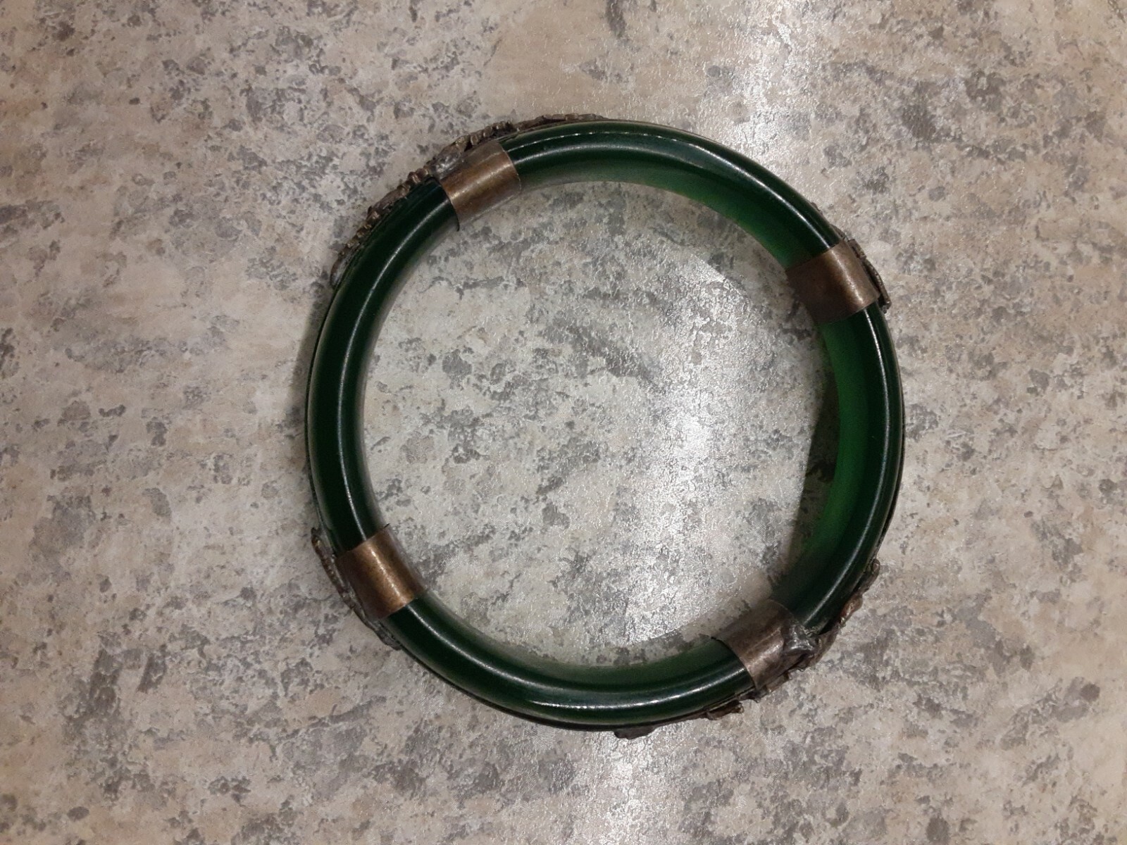 Vintage Green Glass Bangle Bracelet Silvertone Accents-Bearded Dragons Peacock