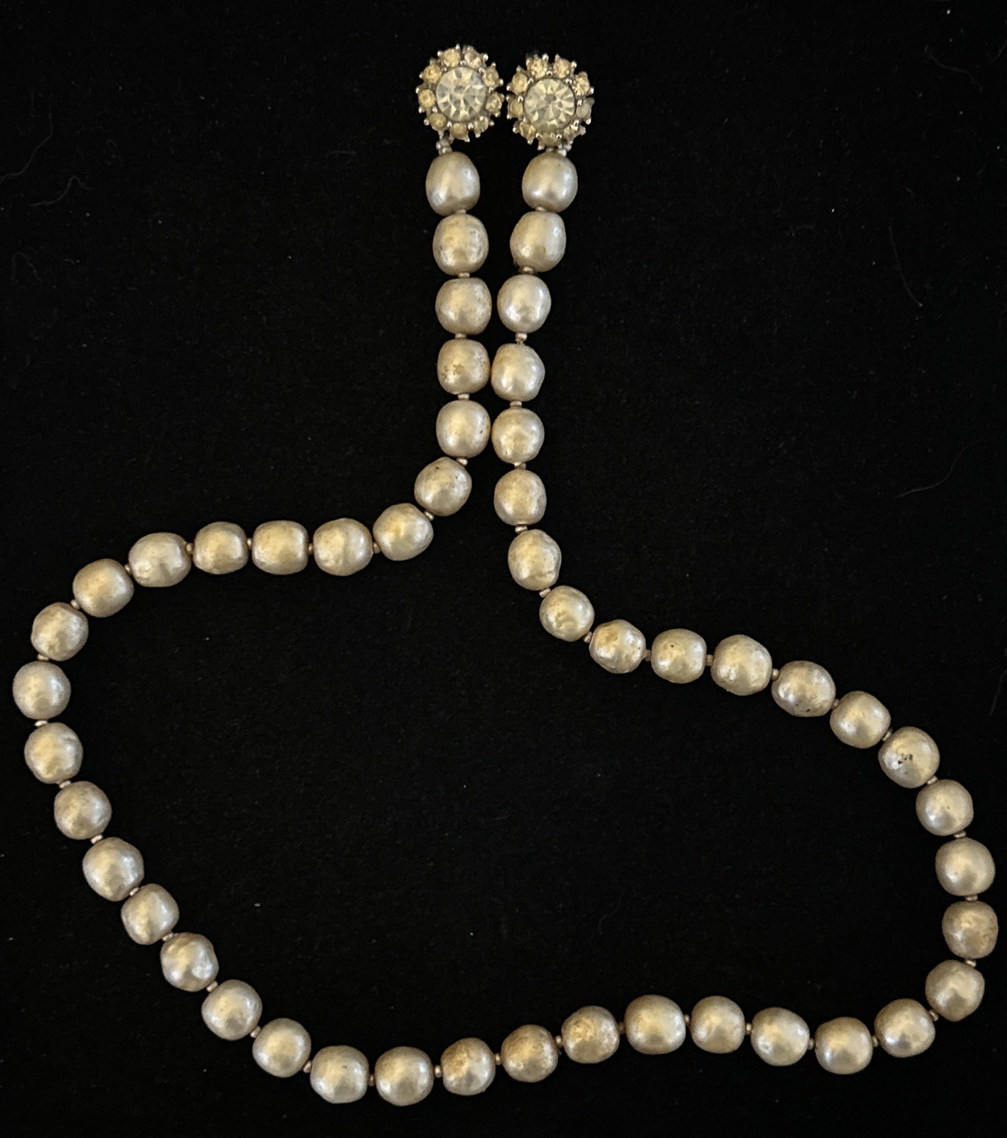 Judith McCann 40s Signed NY 58 Shuvon Pearl Necklace Dual-Hook Clasp CRYSTAL VTG