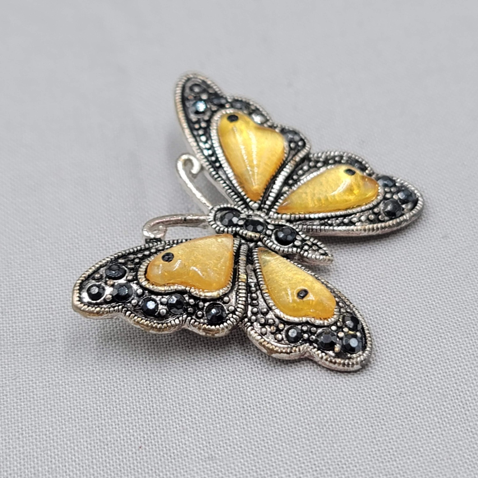 Vintage Yellow Black Butterfly Brooch Rhinestone Silver tone 1.5″