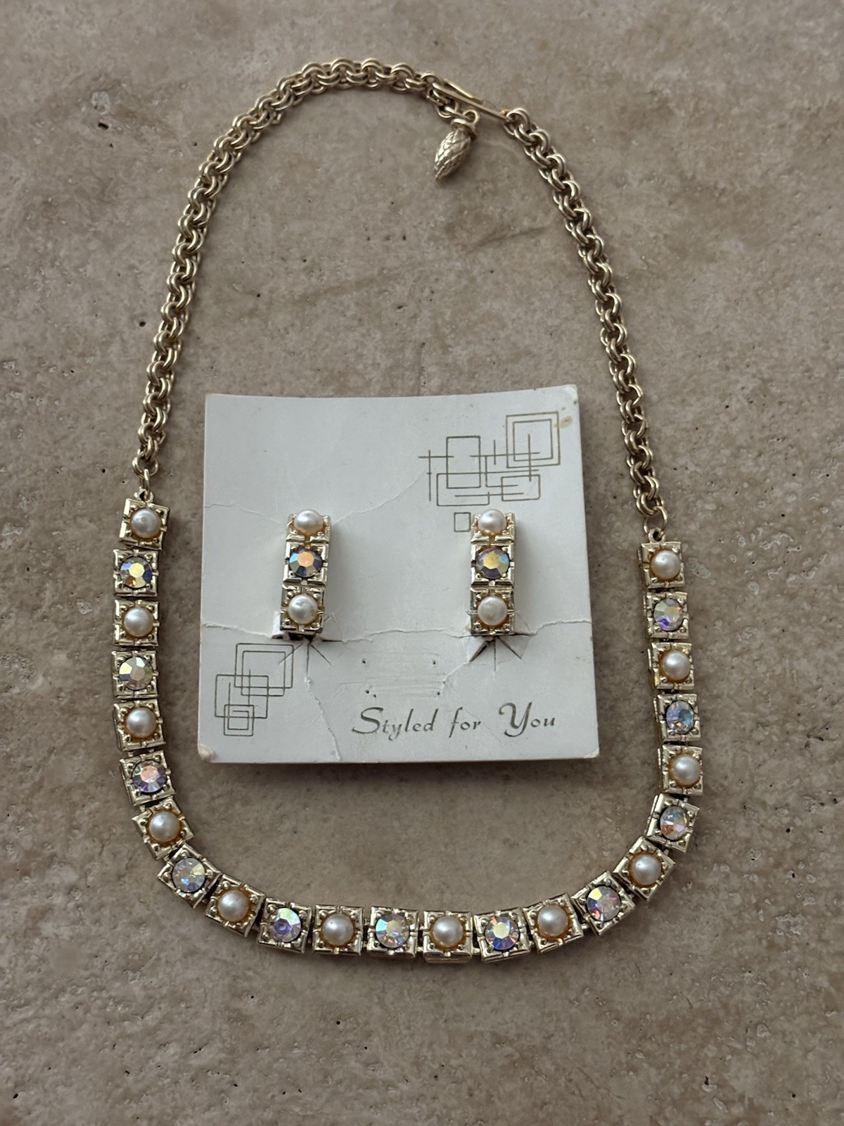 Vintage Aurora Borealis & Faux Pearl Set In Gold-Tone Squares 17” Clip Earrings