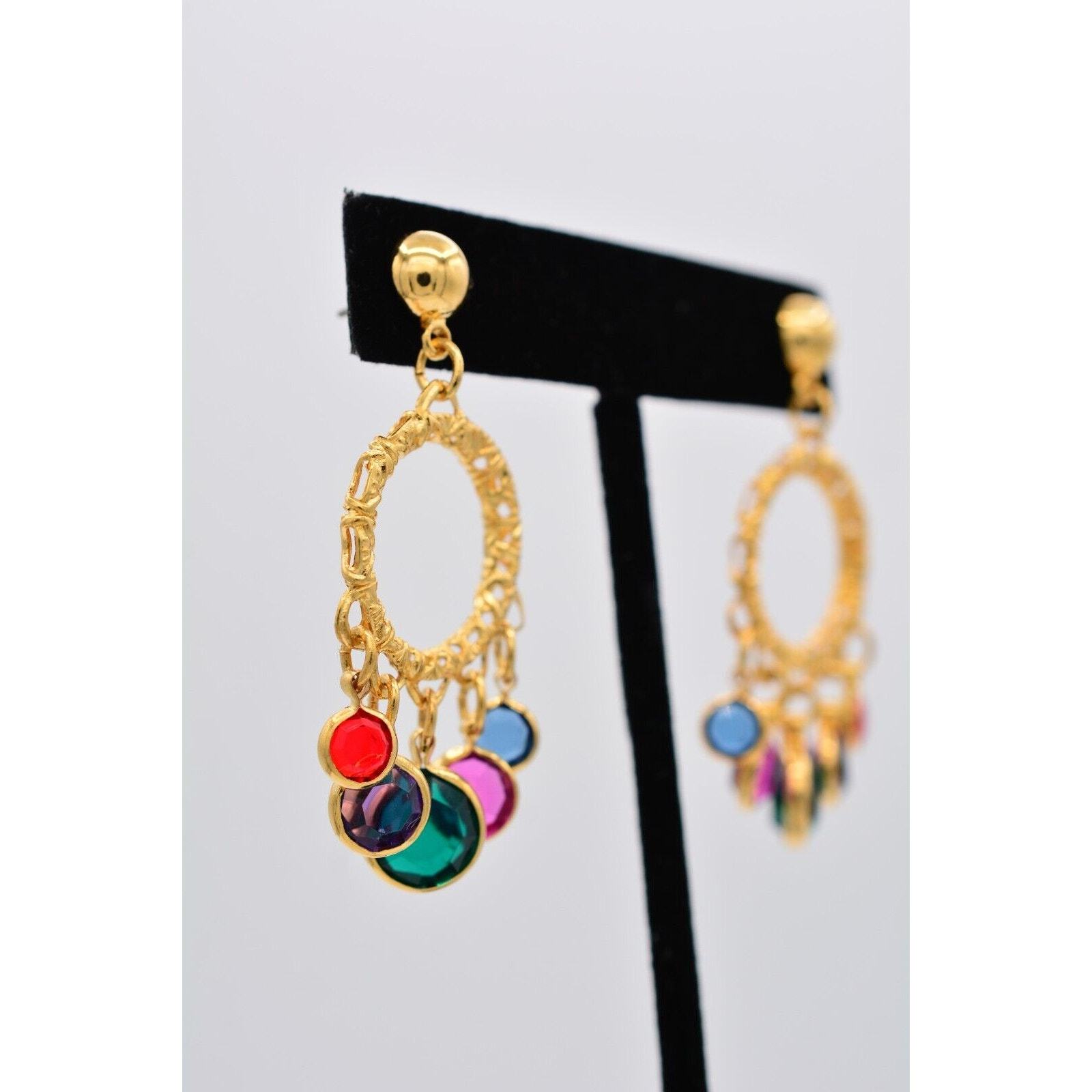 Vintage Crystal Dangle Earrings Lucite Open Bezel Multi-Color Gold NOS BinA16