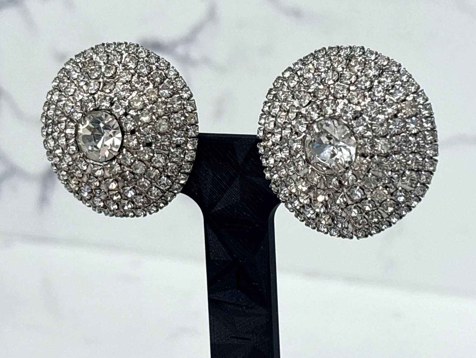 Vintage Rhinestone Dome Clip On Earrings Statement Huge Bold Glam Sparkle