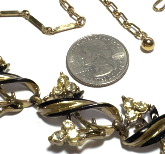 Vintage Jewelry Necklace Unsigned CORO Chain Black Enamel Rhinestones Gold 17