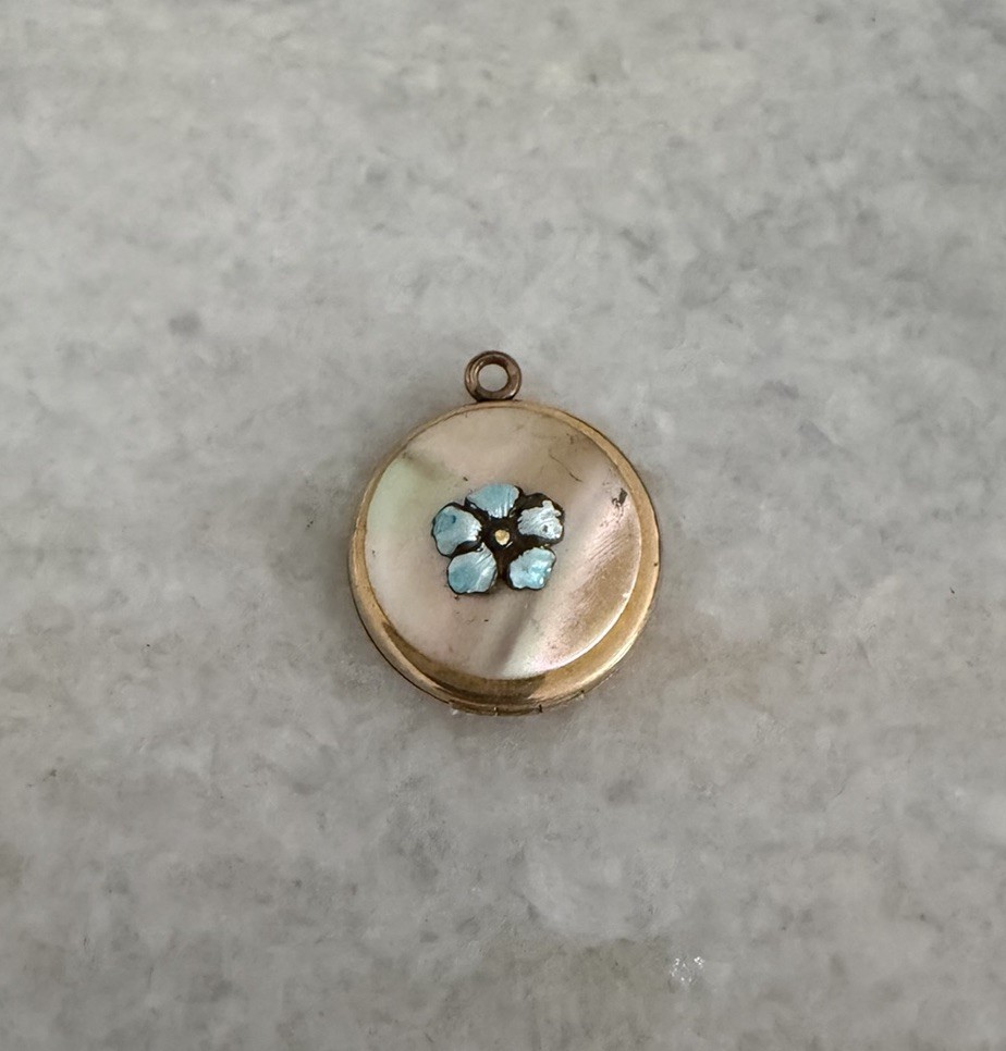 Vintage CMF Co Gold Filled MOP Enamel Flower Locket Pendant Charm