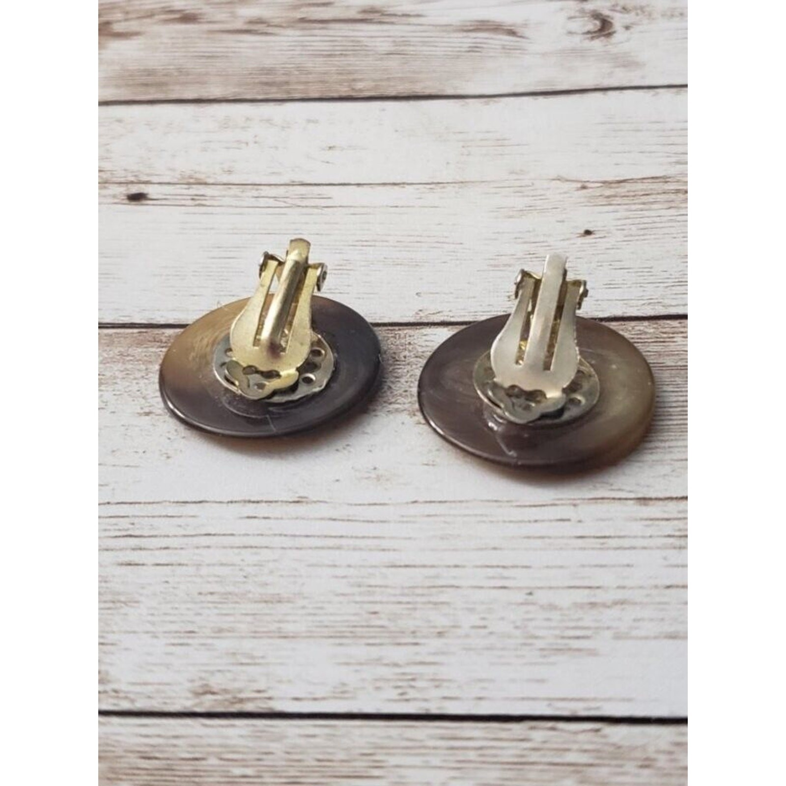 Vintage Clip On Earrings – Circle Shape with Slight Wave Brown Tones