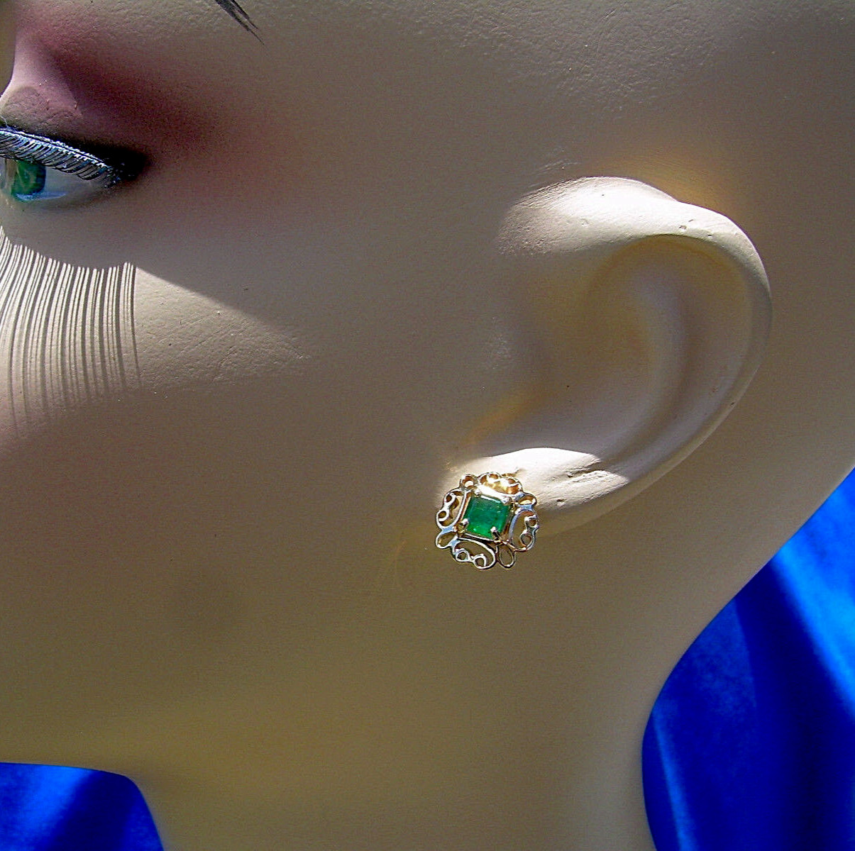 Original EARTH MINED EMERALD Deco Design Earrings Vintage Studs SOLID 14K GOLD