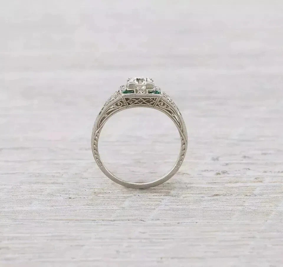 2Ct Art Deco Vintage Style Lab Created Diamond & Emerald 14K White Gold FN Ring