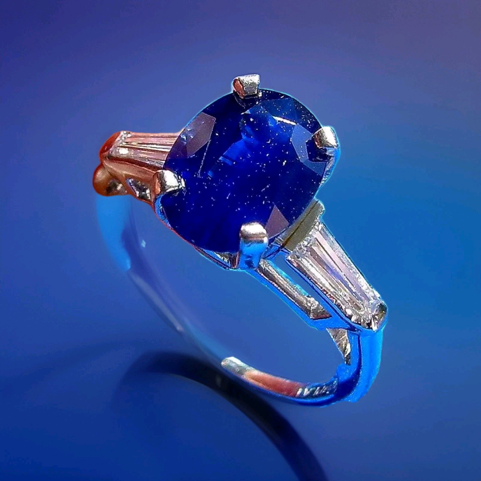 EARTH MINED SAPPHIRE DIAMOND Deco Engagement Ring Vintage PLATINUM Solitaire 3CT