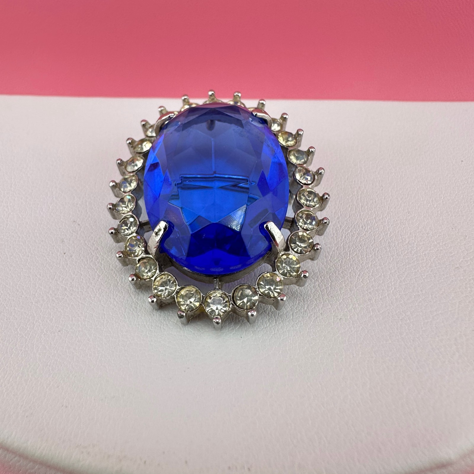 Vintage Crystal Brooch Pendant LG Blue Oval Faceted Stone Open Back Prong Set